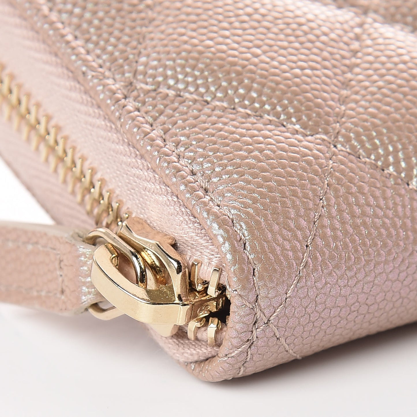 Iridescent Caviar Quilted Long Zip Around Wallet Beige