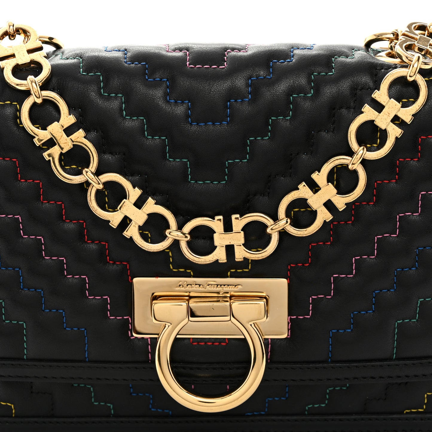 Calfskin Stitched Gancini Crossbody Flap Black Multicolor