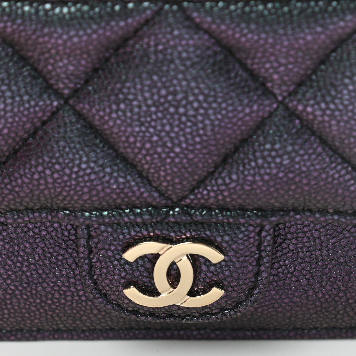 Iridescent Caviar Quilted Flap Zip Card Holder Black