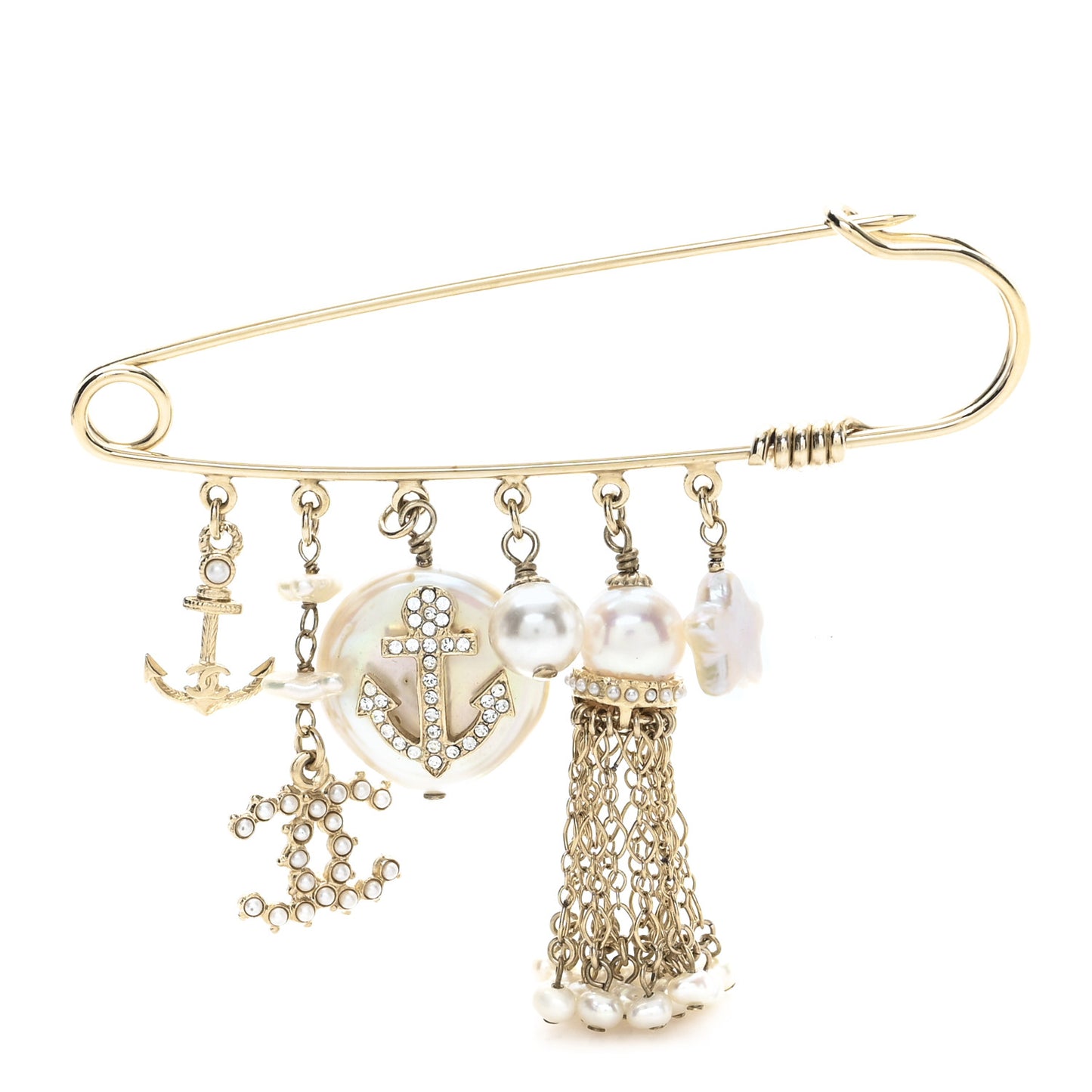 Pearl Crystal CC Charms Safety Pin Brooch Gold
