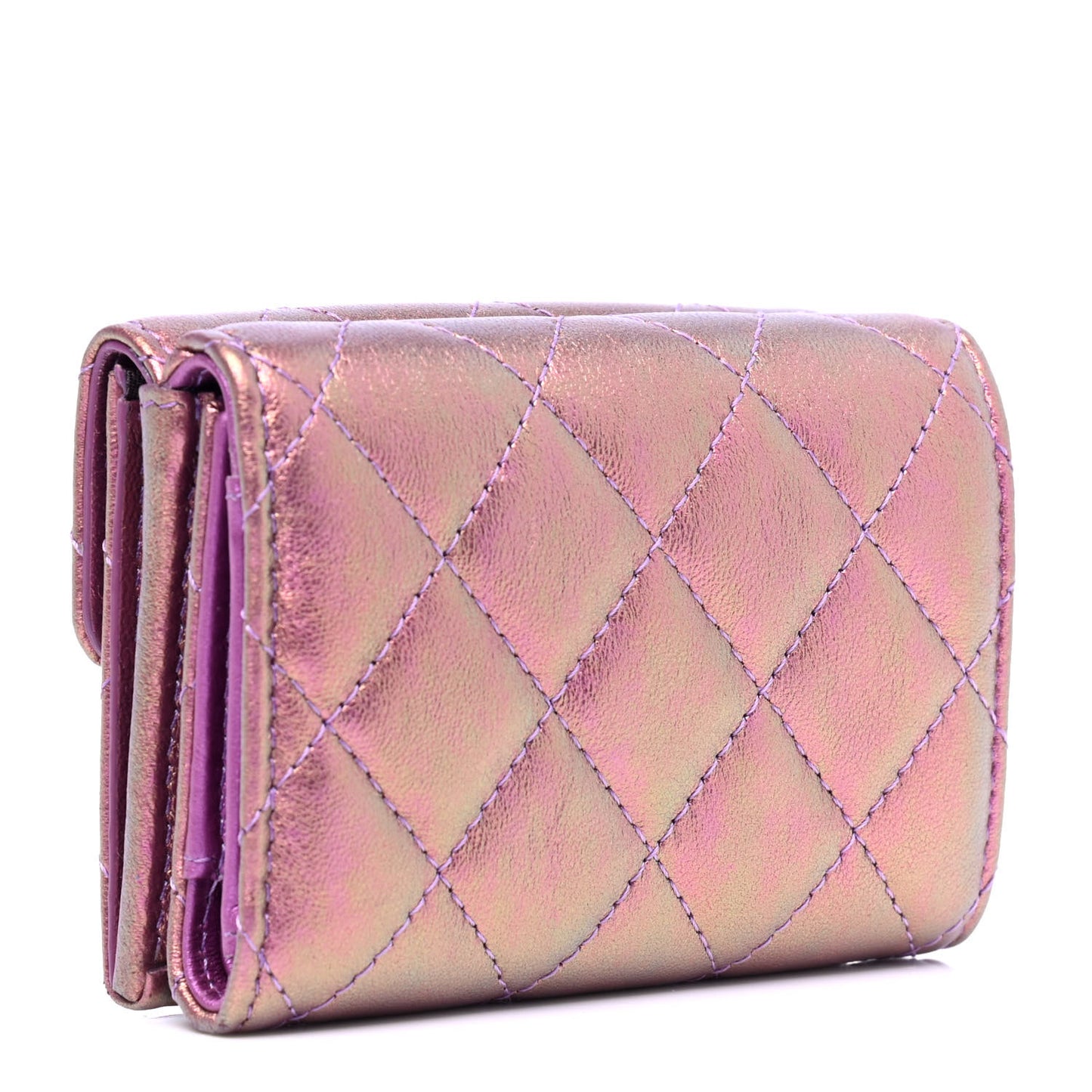 Iridescent Lambskin Small Quilted Flap Wallet Purple