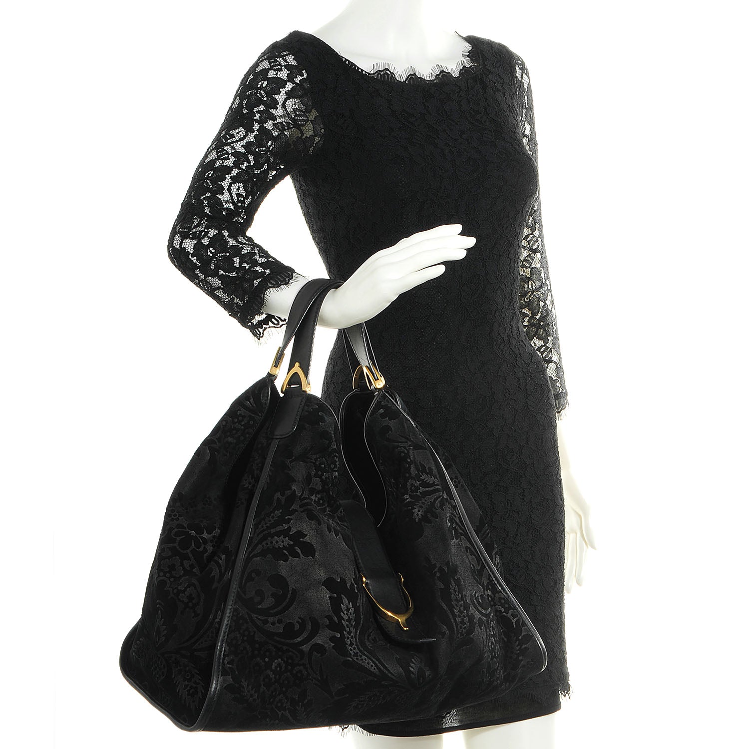 Gucci Brocade Large Stirrup Shoulder Bag Black 2 of 7