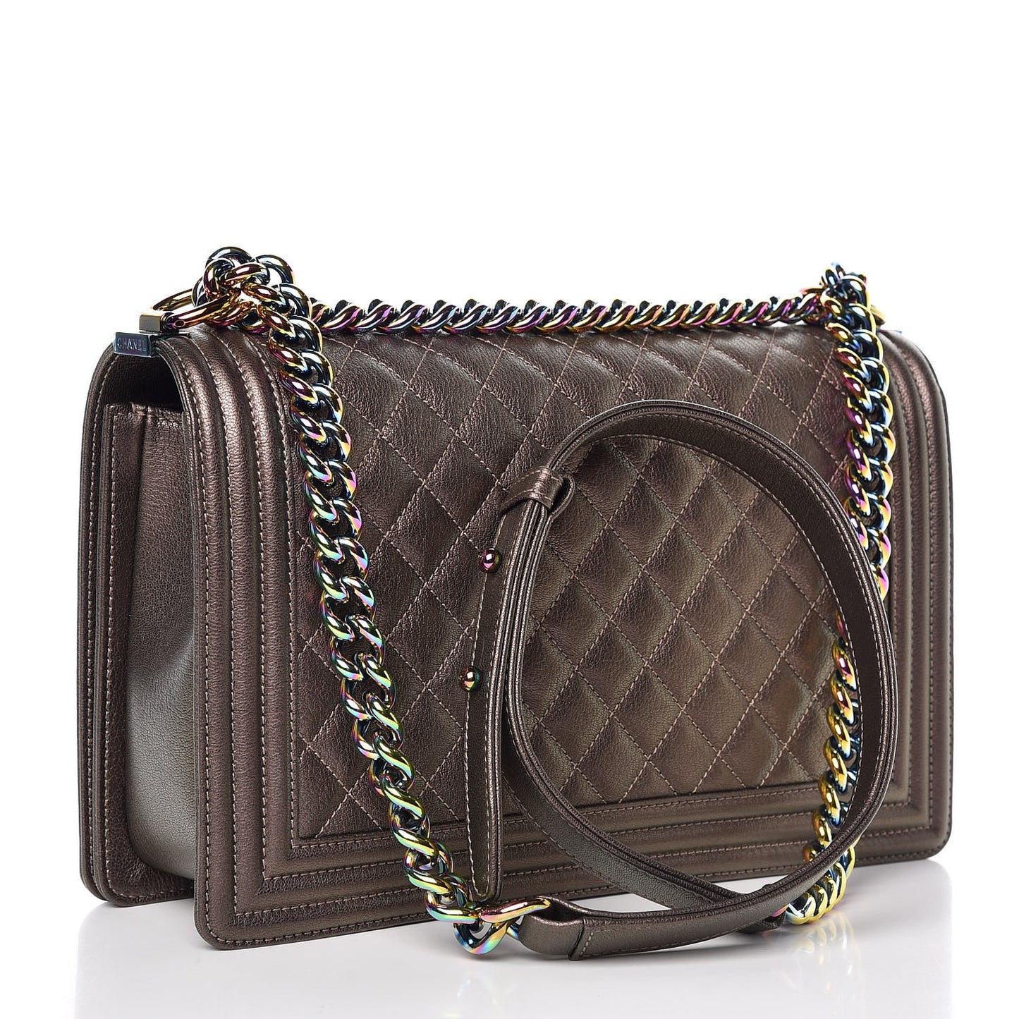 Iridescent Goatskin Quilted New Medium Boy Flap Dark Gold