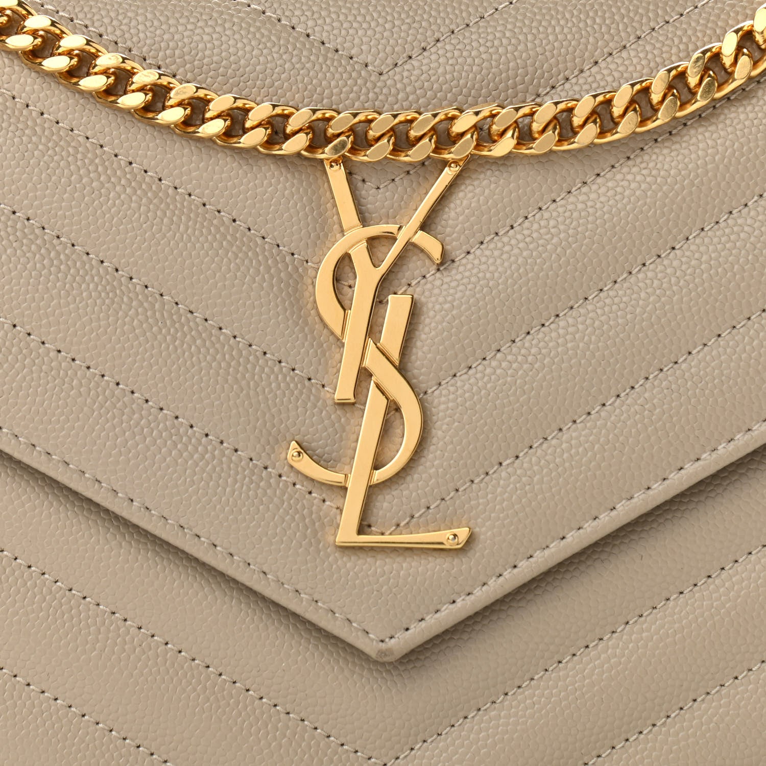 Saint Laurent Grain De Poudre Matelasse Chevron Monogram Chain Wallet Sea Salt 7 of 10