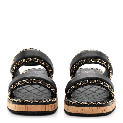 Chanel Lambskin Cork Chain Sandals 38 Black 3 of 9