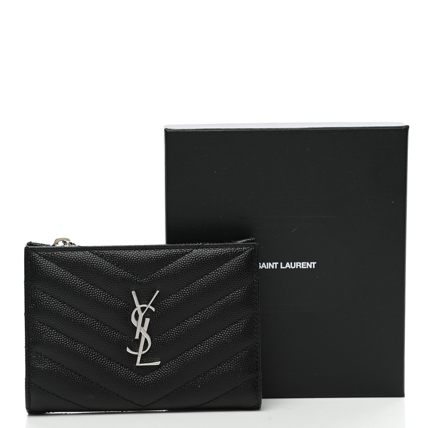 Saint Laurent Grain De Poudre Matelasse Chevron Monogram Zipped Two-Part Wallet Black 9 of 9