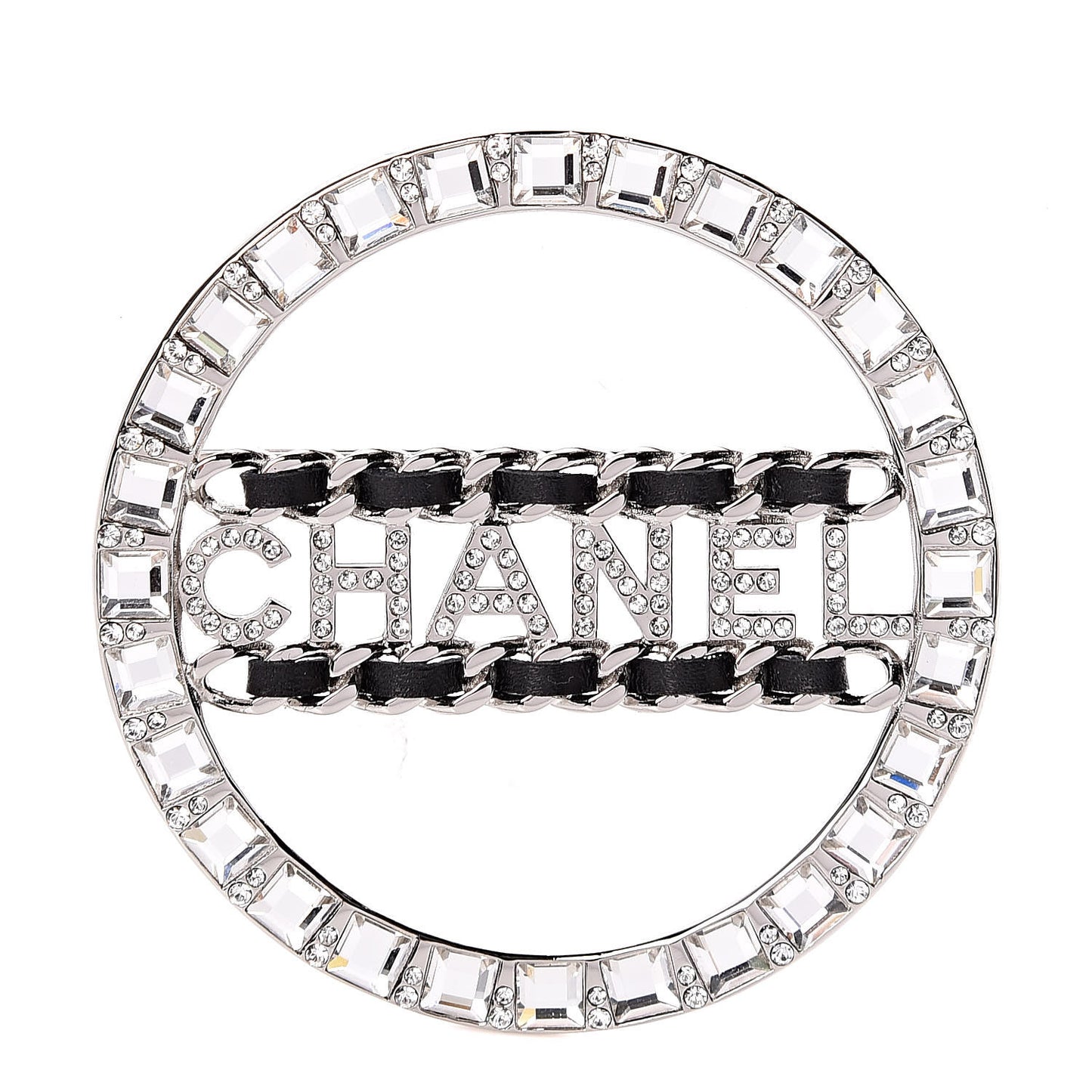 Lambskin Baguette Crystal Logo Brooch Black Silver