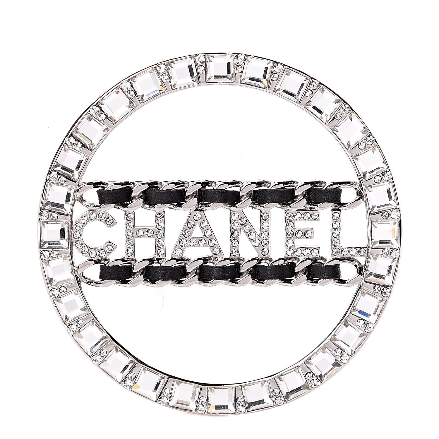 Chanel Lambskin Baguette Crystal Logo Brooch Black Silver 1 of 5