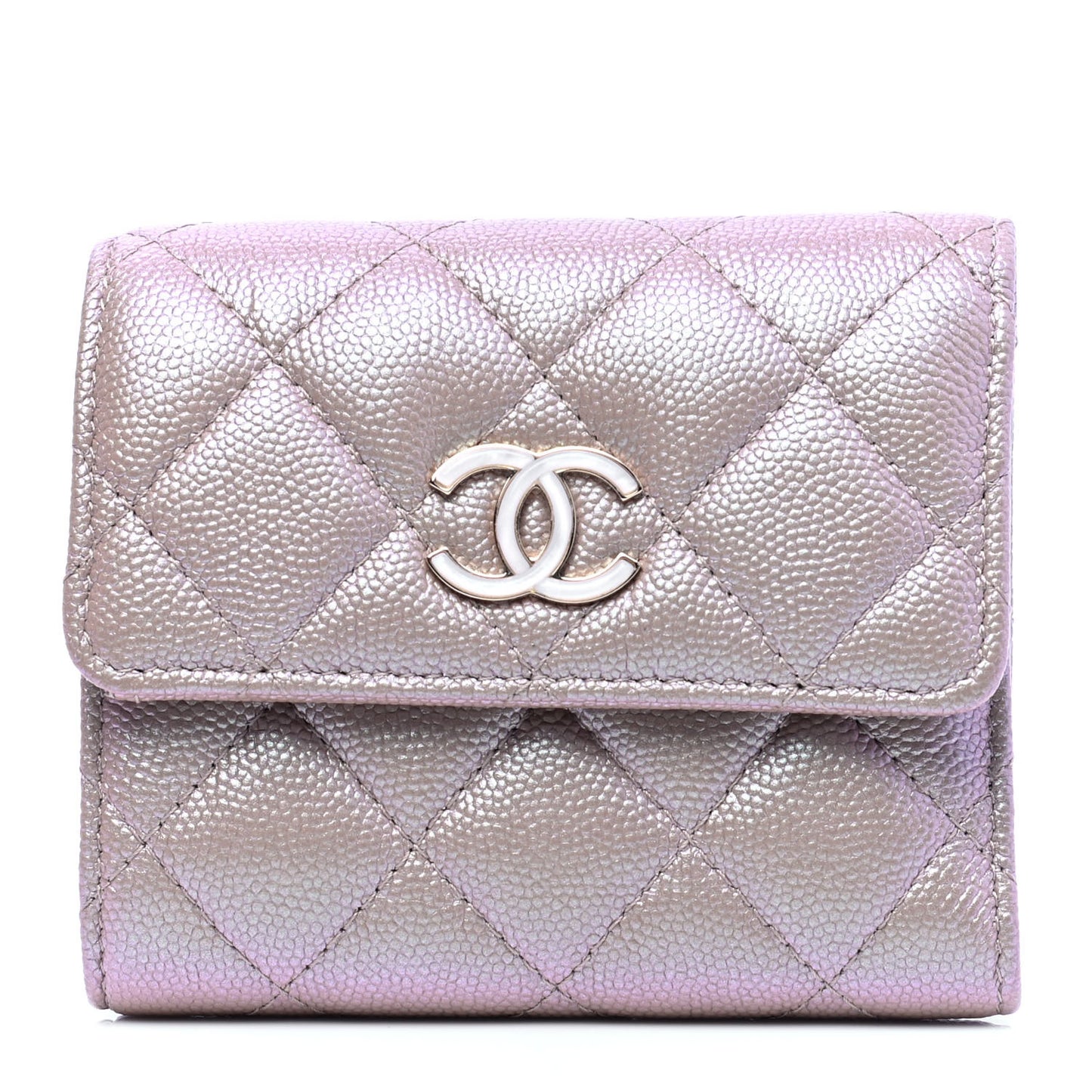 Iridescent Caviar Quilted Small Flap Wallet Beige