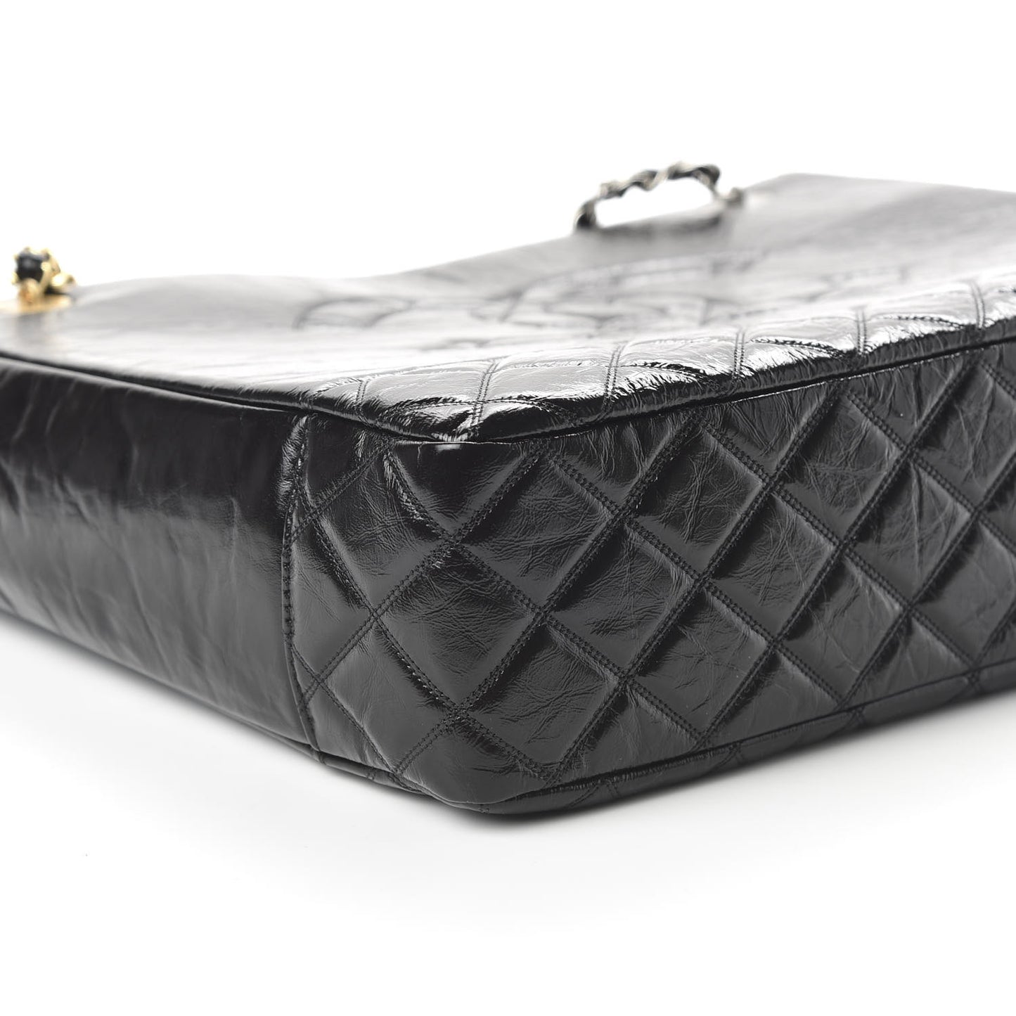 Shiny Aged Calfskin Quilted Large Shopping Bag Black