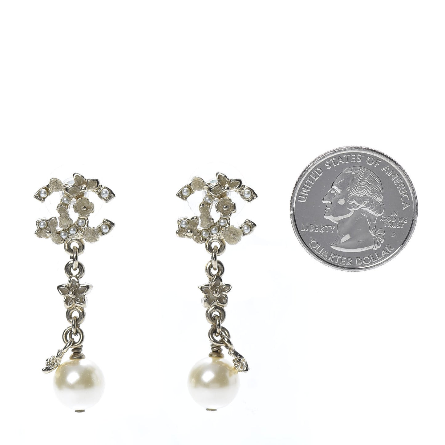Pearl Crystal CC Flower Drop Earrings Gold White Nacre