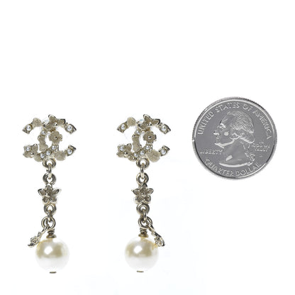 Chanel Pearl Crystal CC Flower Drop Earrings Gold White Nacre 2 of 5