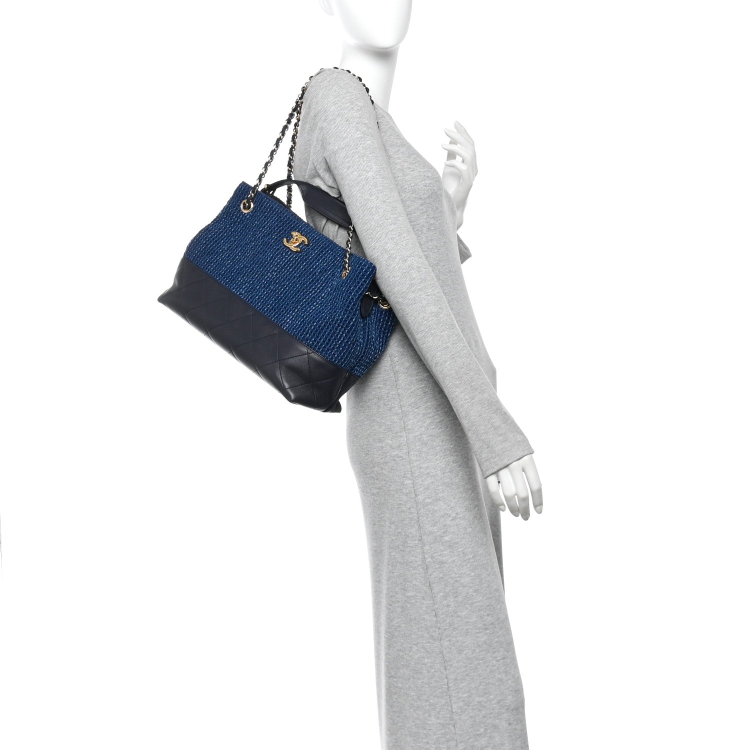 Chanel Tweed Shiny Lambskin Quilted Coco Base Small Shopping Bag Dark Blue 2 of 10