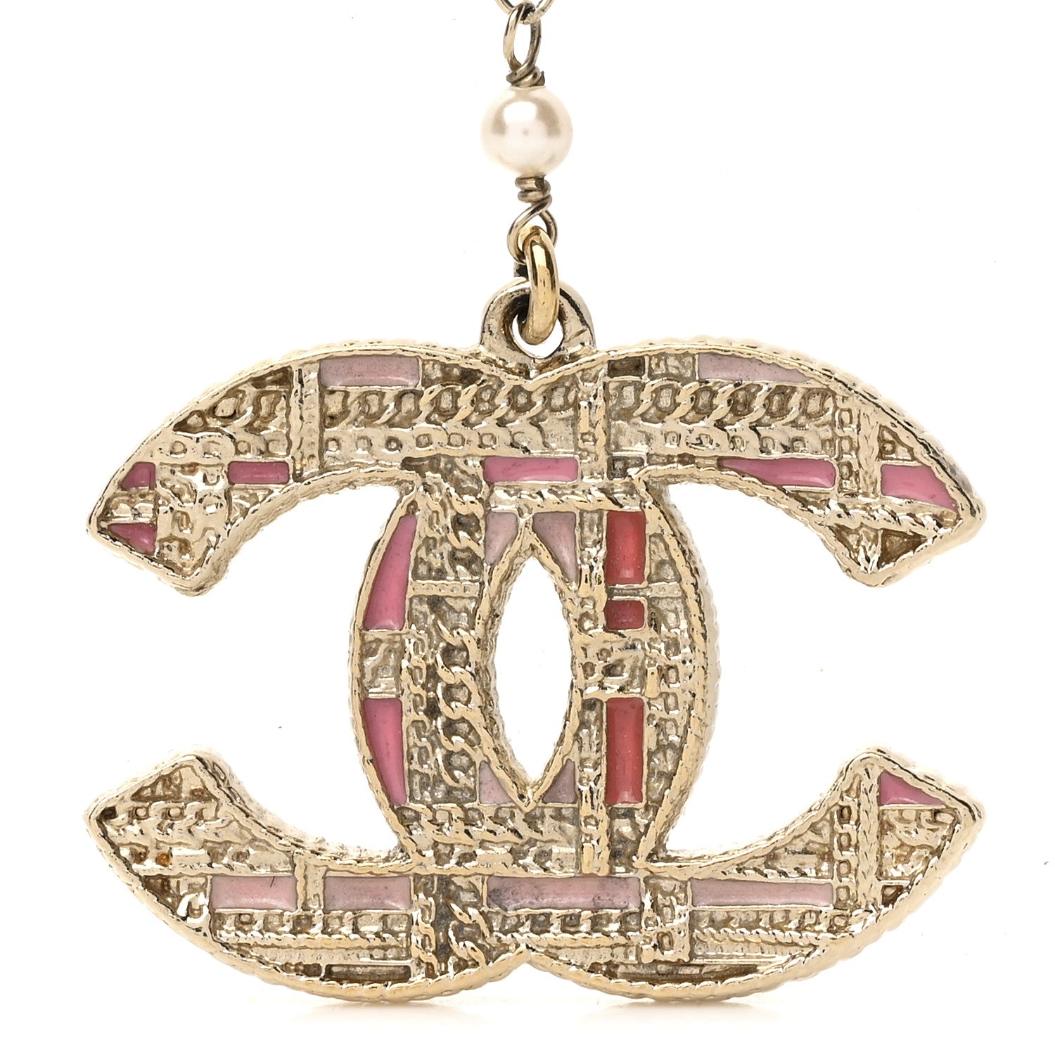 Chanel Pearl Crystal CC Tweed Drop Earrings Gold Pink Pearly White 4 of 4