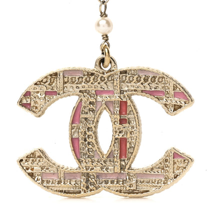 Chanel Pearl Crystal CC Tweed Drop Earrings Gold Pink Pearly White 4 of 4