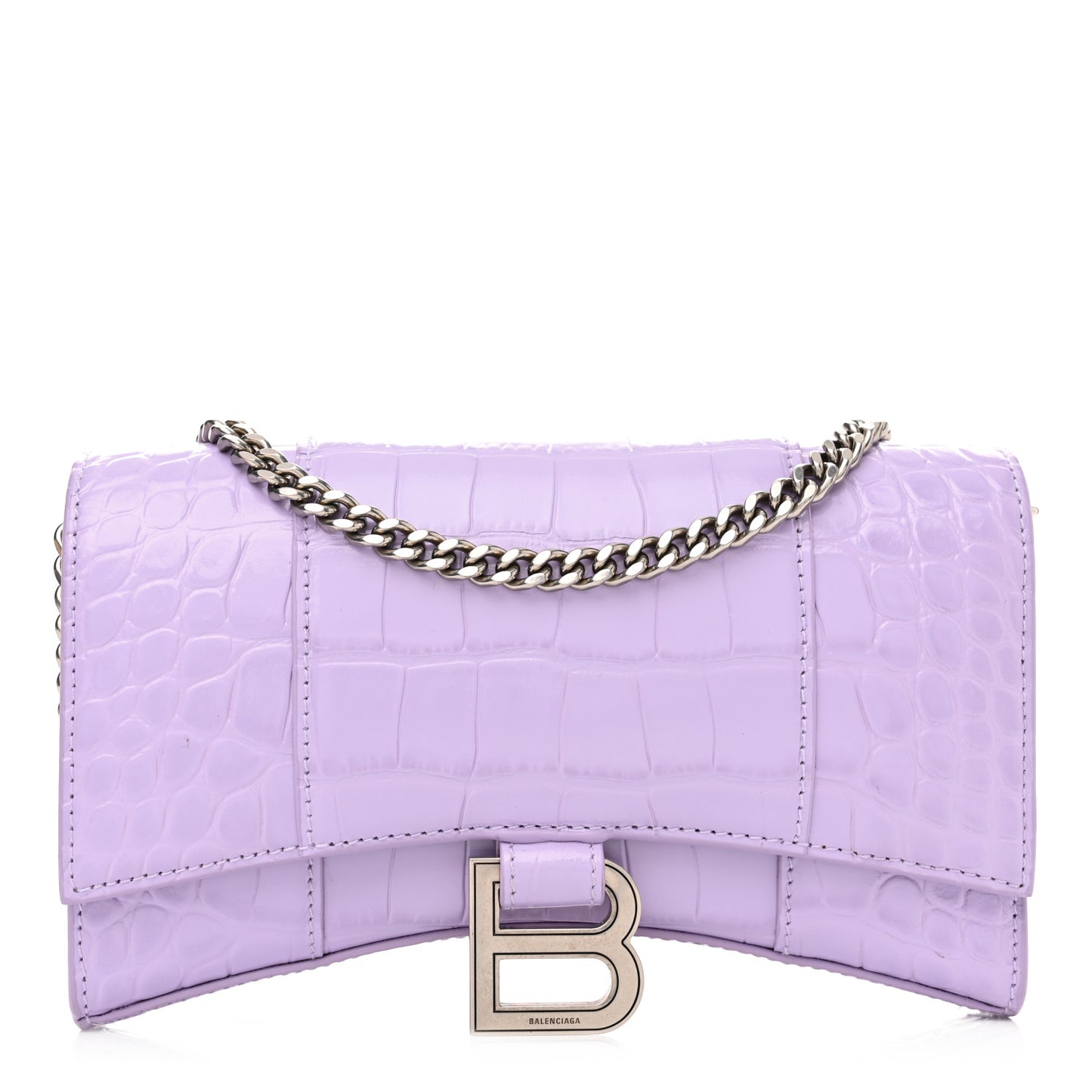 Shiny Calfskin Crocodile Embossed Hourglass Chain Bag Lilac