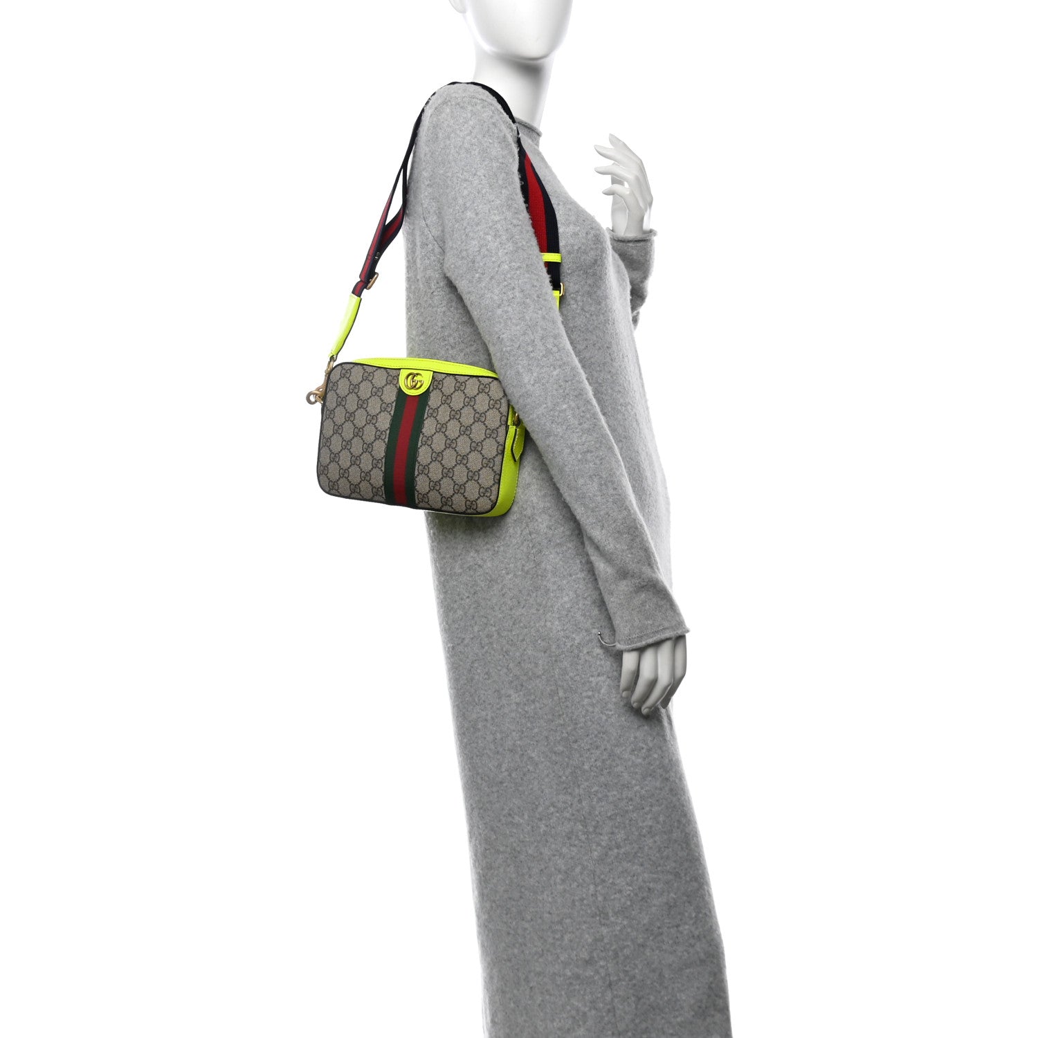 Gucci GG Supreme Monogram Textured Dollar Calfskin Web Ophidia Wristlet Shoulder Bag Beige Ebony Fluo Yellow 2 of 11