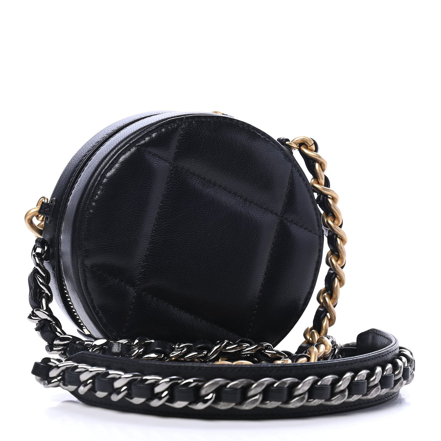 Shiny Goatskin Quilted Chanel 19 Round Clutch With Chain Black