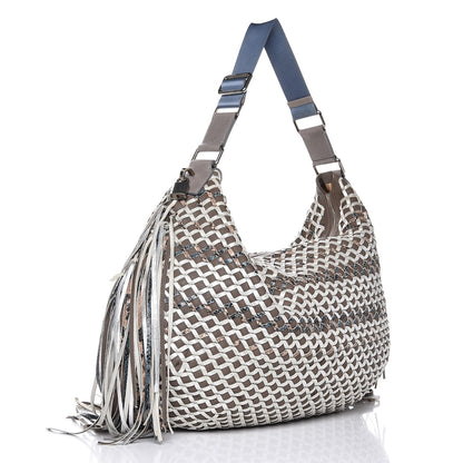 Marc Jacobs Calfskin Woven Large Boho Fringe Hobo Brown Grey 3 of 13