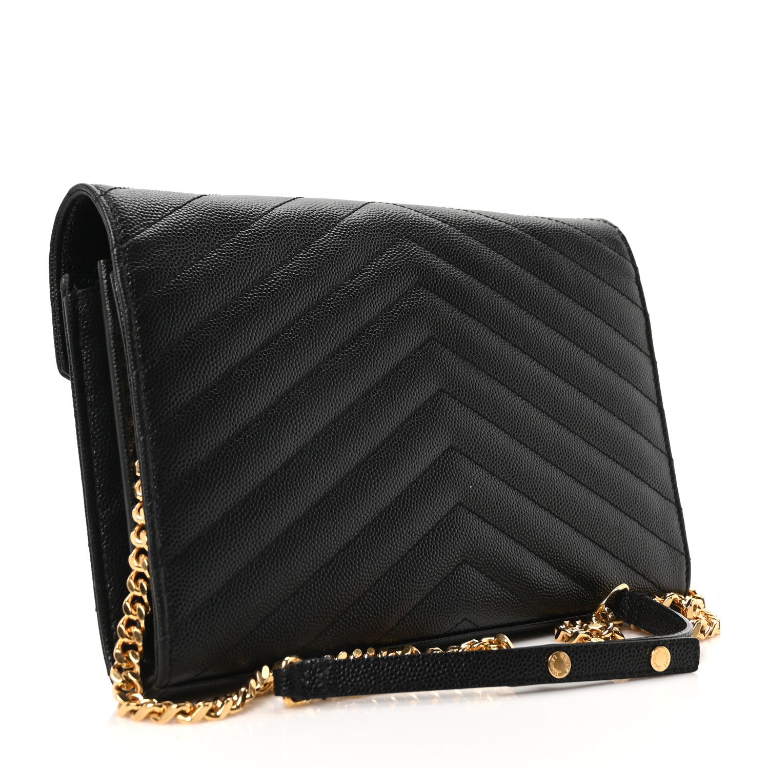 Saint Laurent Grain De Poudre Matelasse Chevron Monogram Envelope Chain Wallet Black 3 of 10