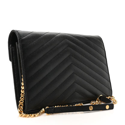 Saint Laurent Grain De Poudre Matelasse Chevron Monogram Envelope Chain Wallet Black 3 of 10