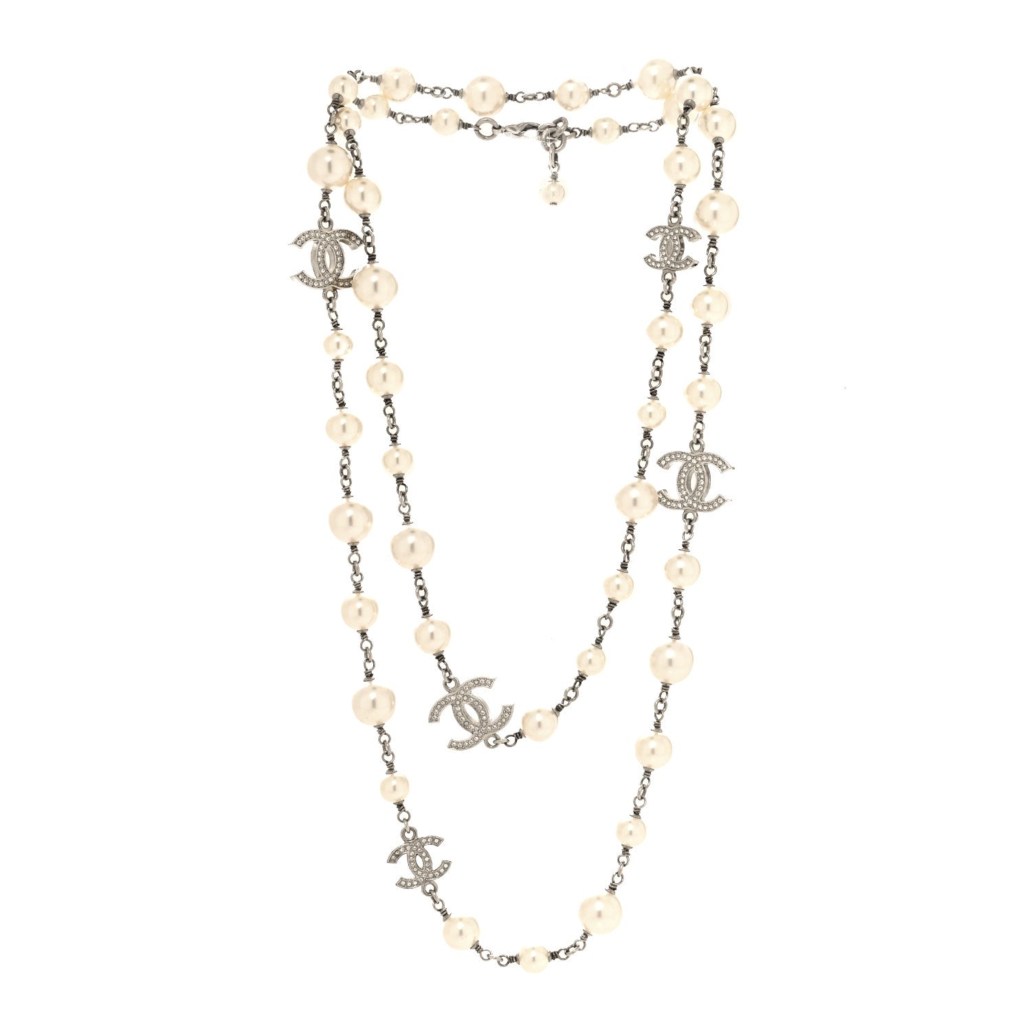 Chanel Graduated Pearl Crystal CC Long Necklace Silver 3 of 6