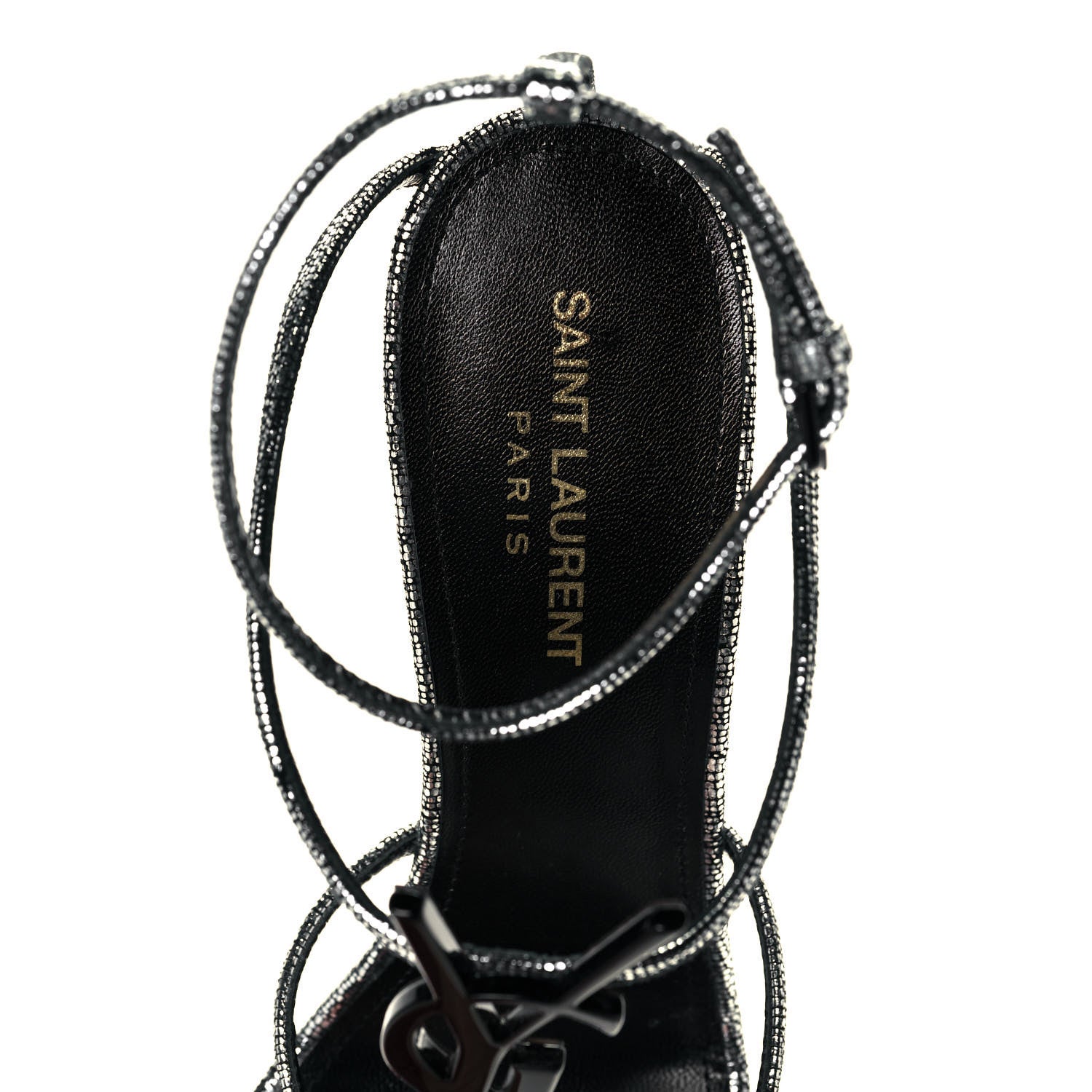 Saint Laurent Metallic Calfskin Cassandra 110 Ankle Strap Sandals 39.5 Argento 5 of 10