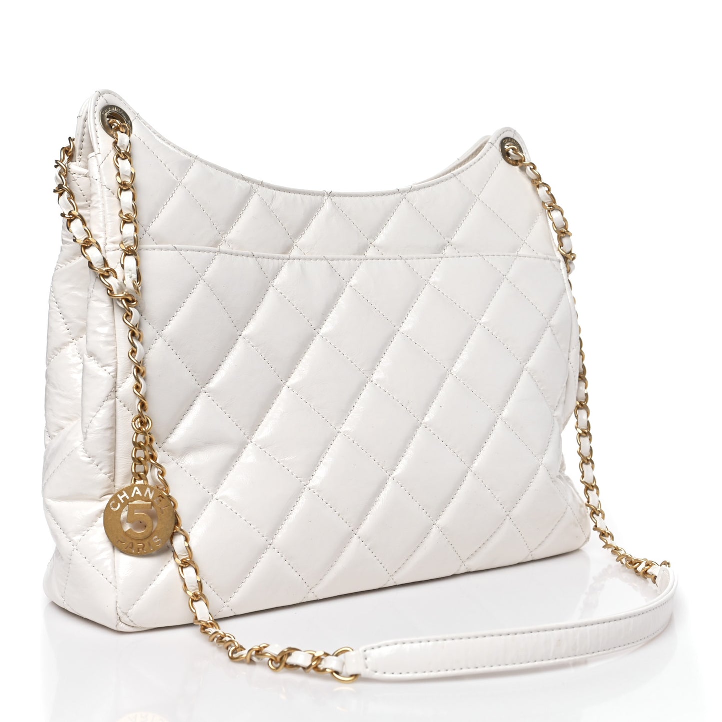 Shiny Crumpled Calfskin Quilted Large Wavy CC Hobo White