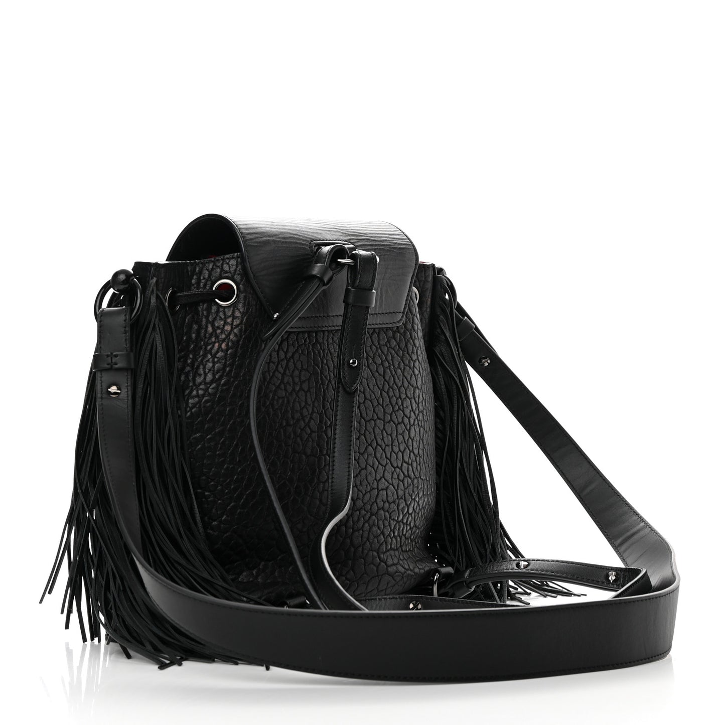 Pebbled Calfskin Fringe Lucky L Convertible Backpack Black