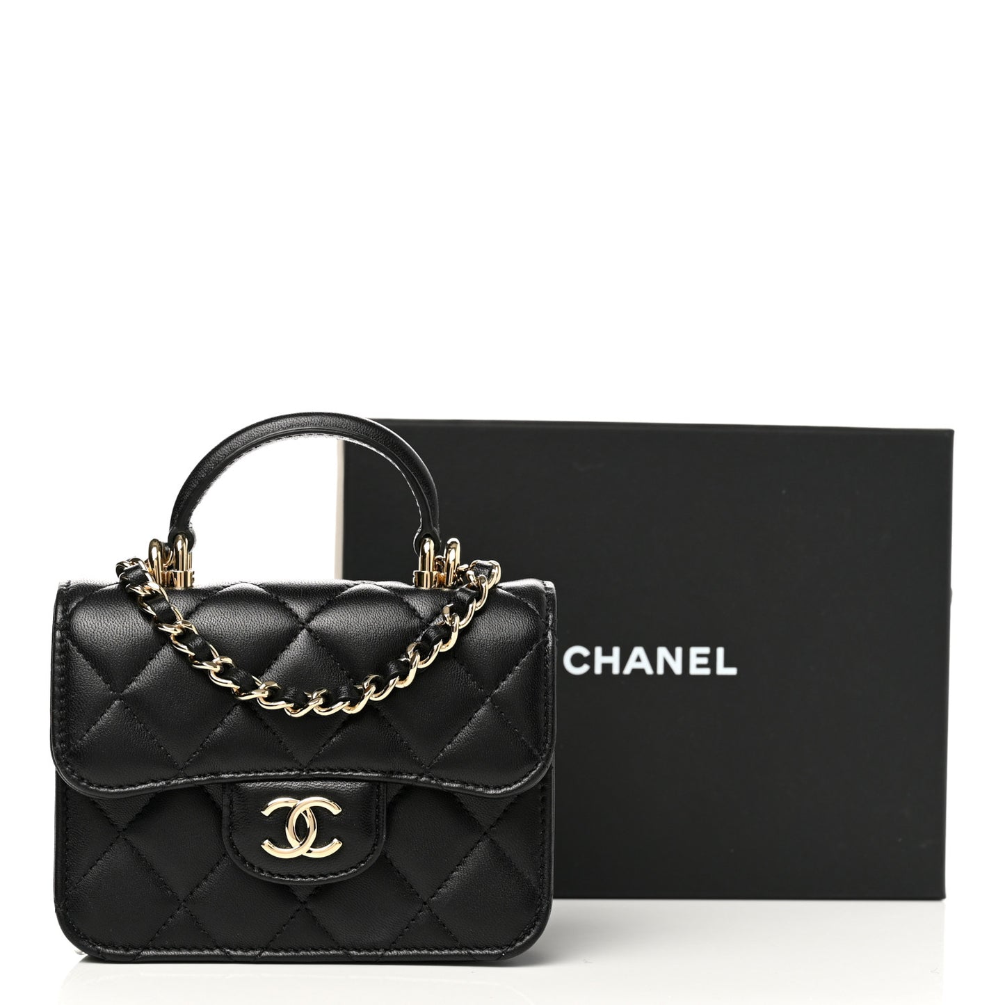 Lambskin Quilted Top Handle Flap Coin Purse With Chain Black