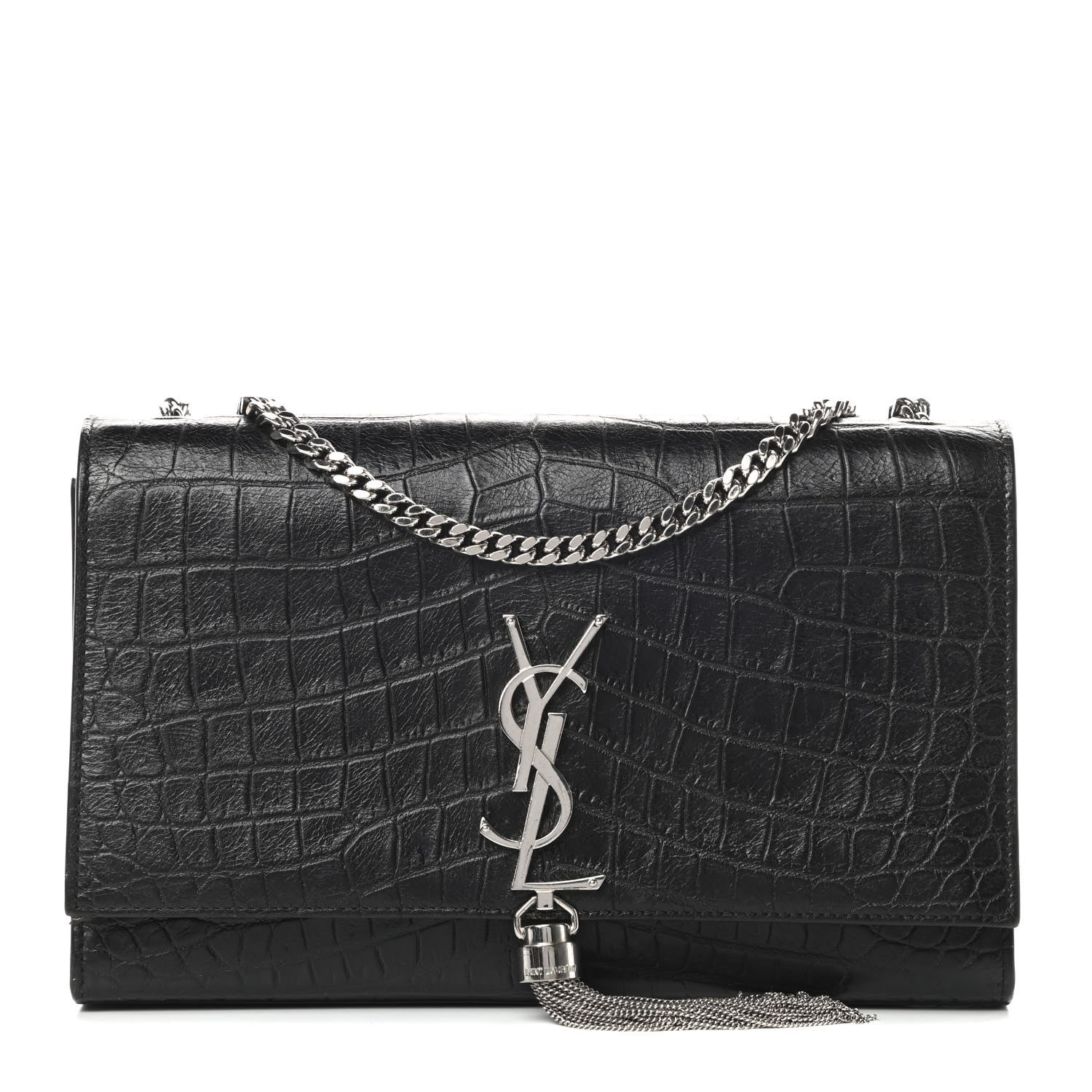 Saint Laurent Calfskin Crocodile Embossed Medium Classic Monogram Kate Tassel Satchel Black 1 of 14