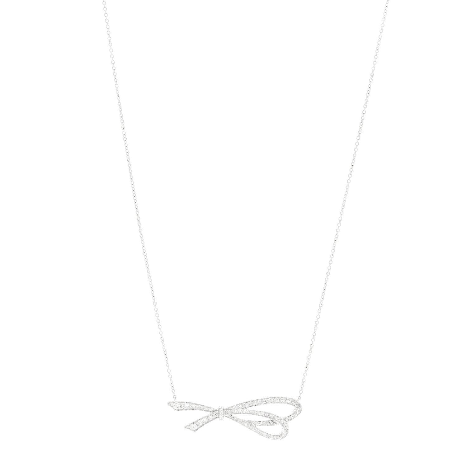 Tiffany 18K White Gold Diamond Bow Pave Pendant Necklace 1 of 6