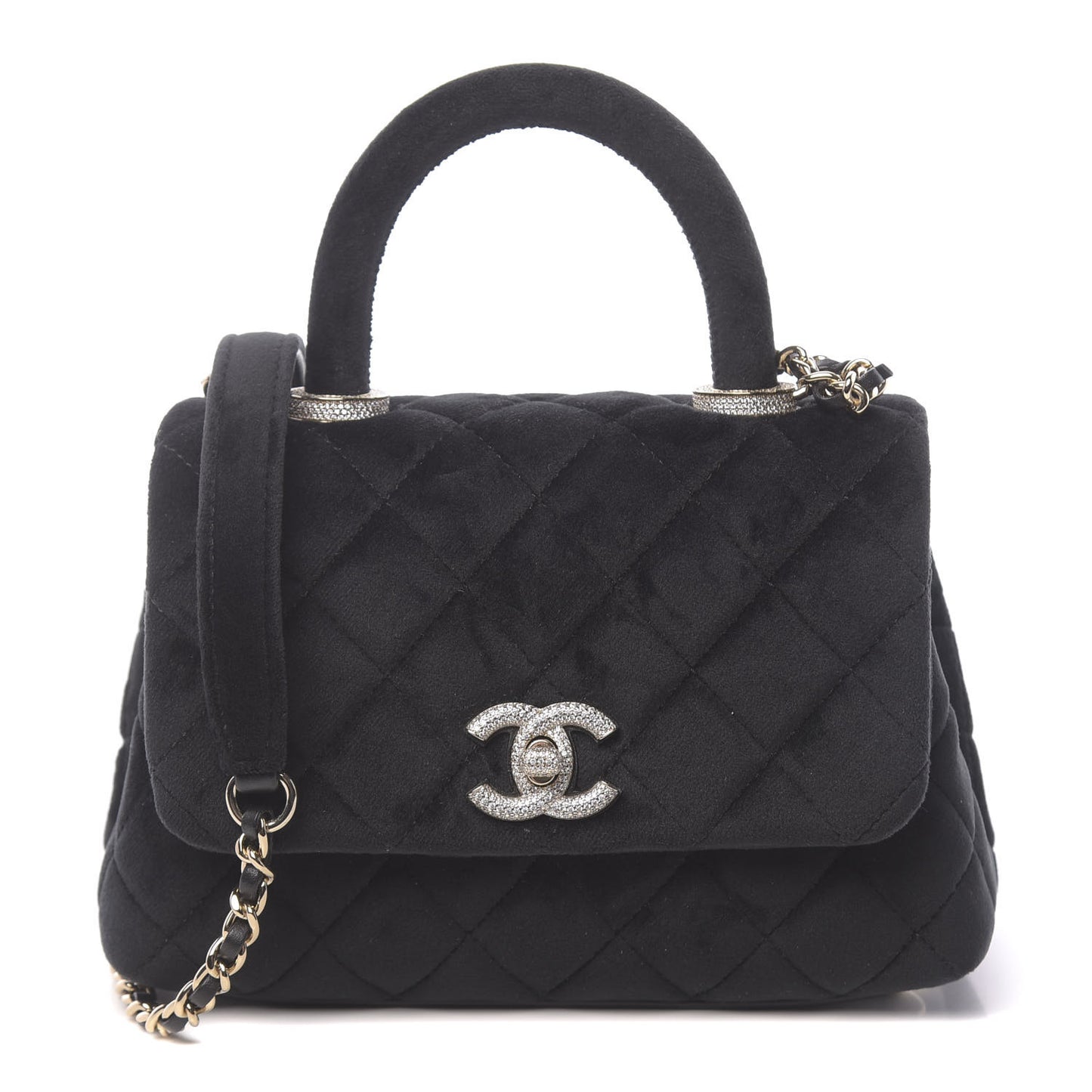 Velvet Crystal Quilted Extra Mini Coco Handle Flap Black