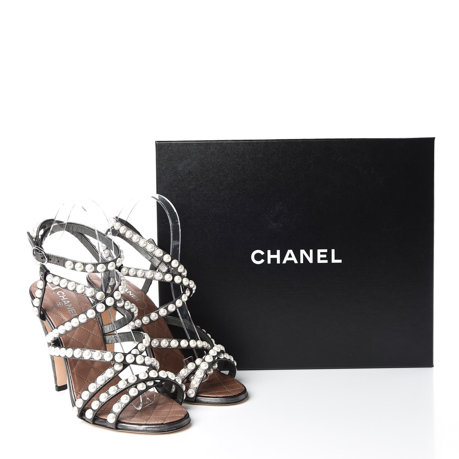 Chanel Laminated Lambskin Quilted Pearl Sandals 37.5 Khaki 10 of 10