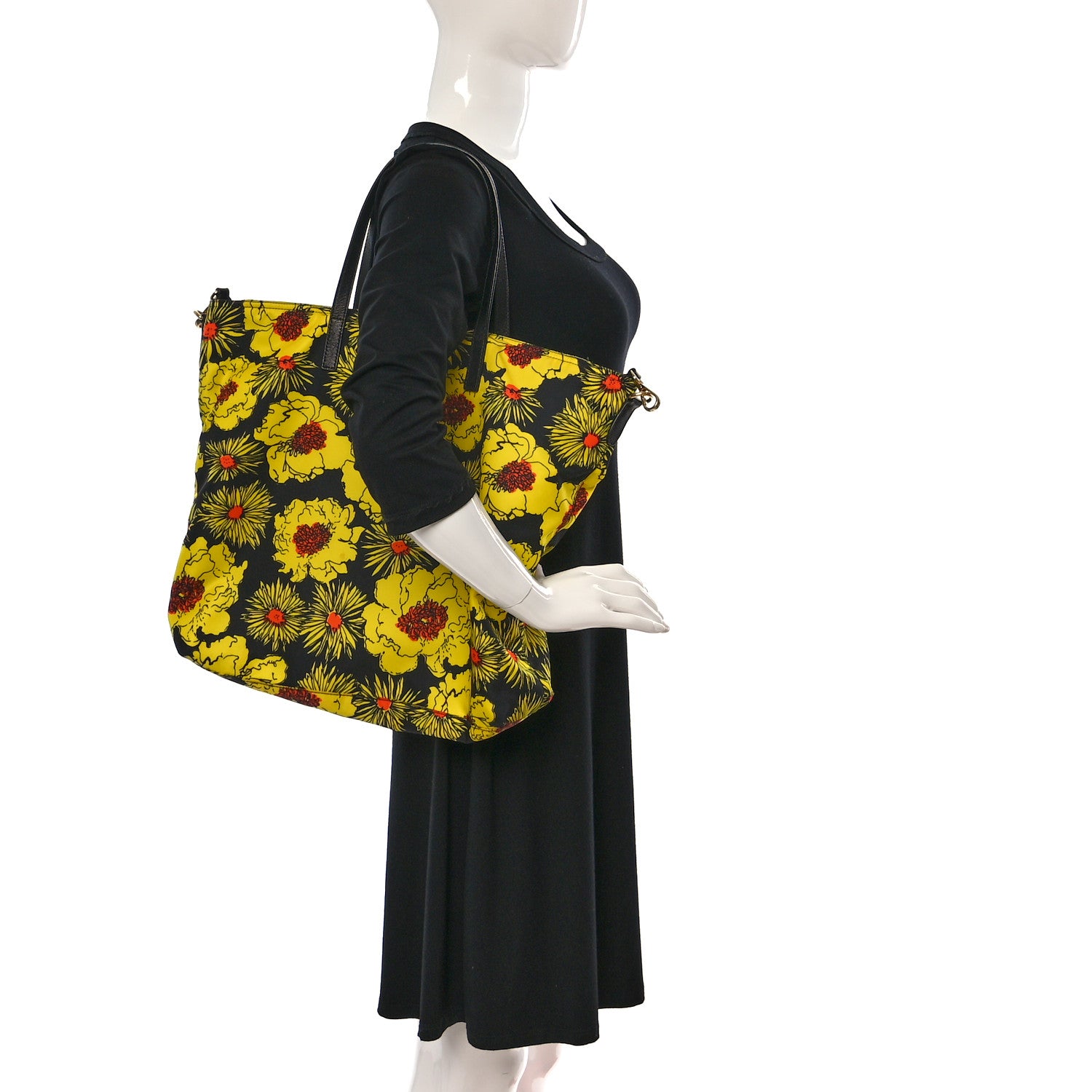 Prada Tessuto Nylon Saffiano Floral Print Tote Yellow Multicolor 2 of 11