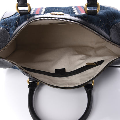 Gucci Velvet GG Monogram Textured Calfskin Web Medium Duffle Bag Blue Beige Black 4 of 9