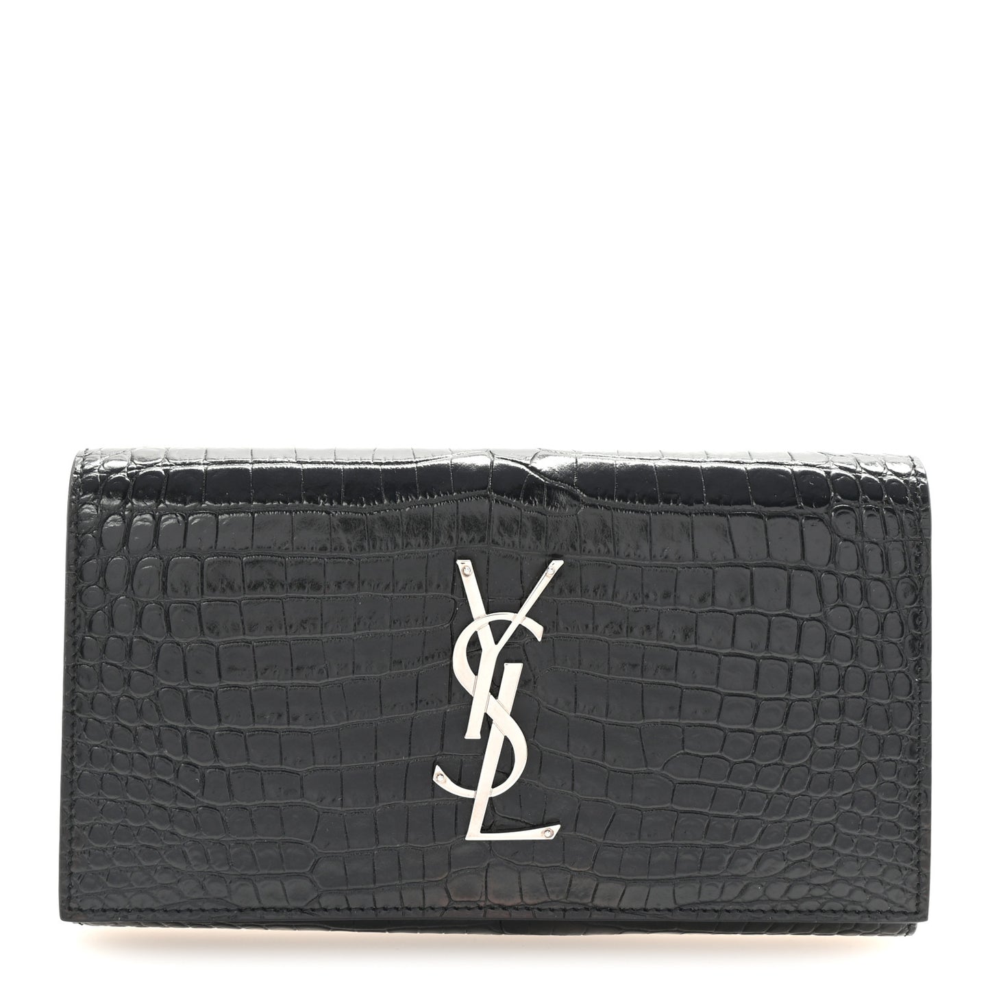 Calfskin Crocodile Embossed Classic Monogram Cassandre Wallet Black