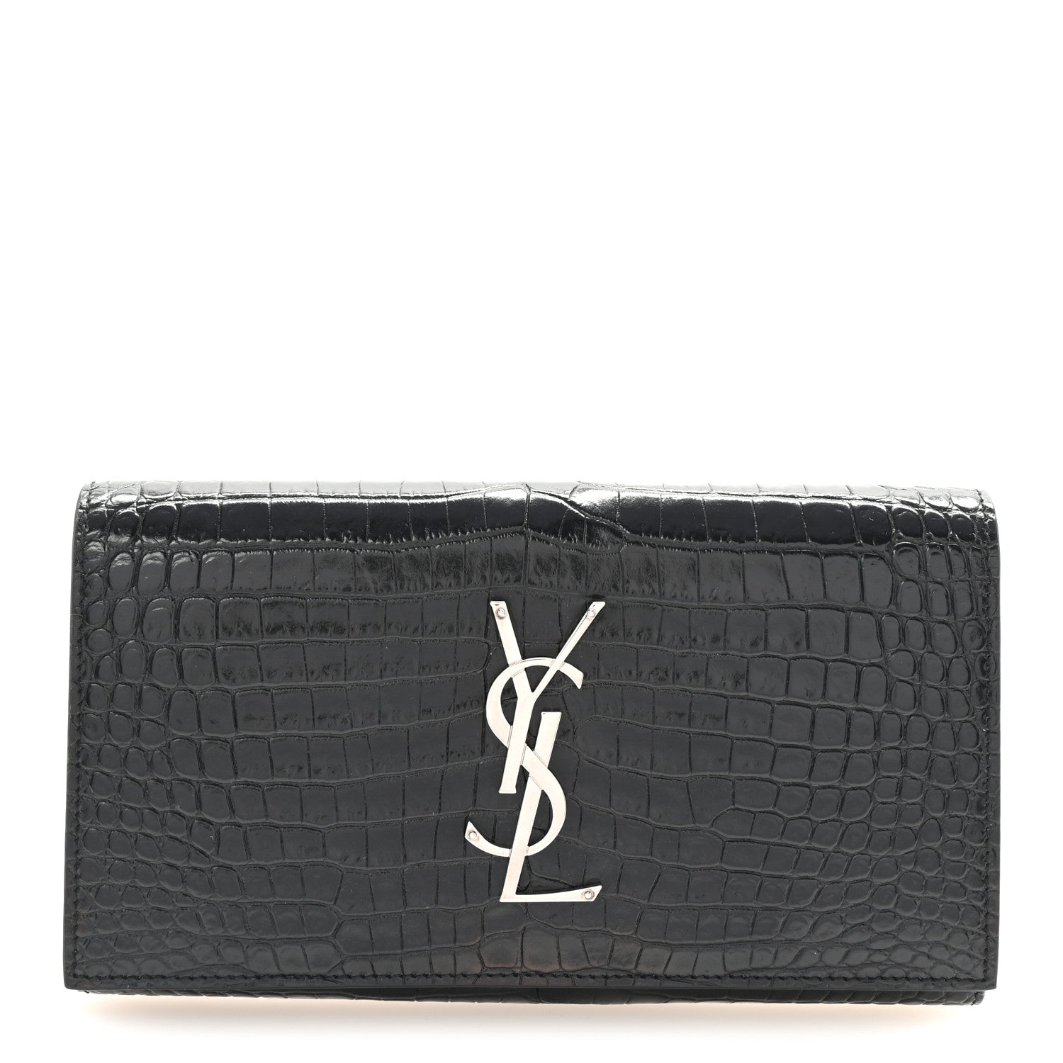 Saint Laurent Calfskin Crocodile Embossed Classic Monogram Cassandre Wallet Black 1 of 7
