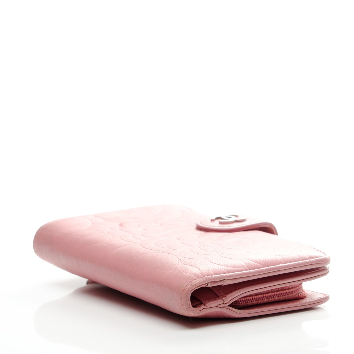 Lambskin Camellia Embossed L-Zip Pocket Wallet Pink