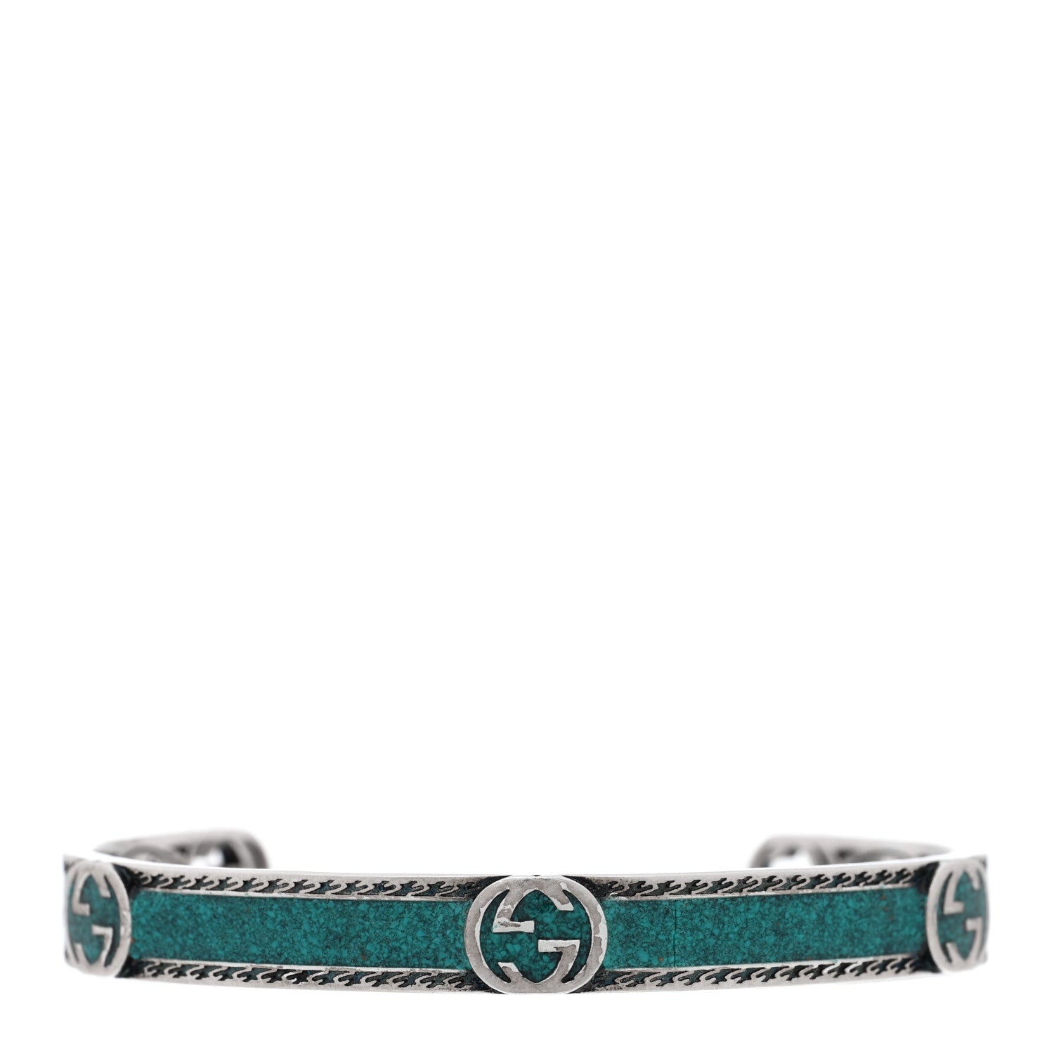 Gucci Sterling Silver Enamel Interlocking G Cuff Bracelet Green 1 of 3