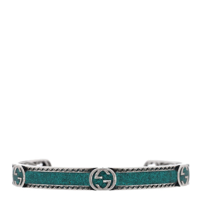 Gucci Sterling Silver Enamel Interlocking G Cuff Bracelet Green 1 of 3
