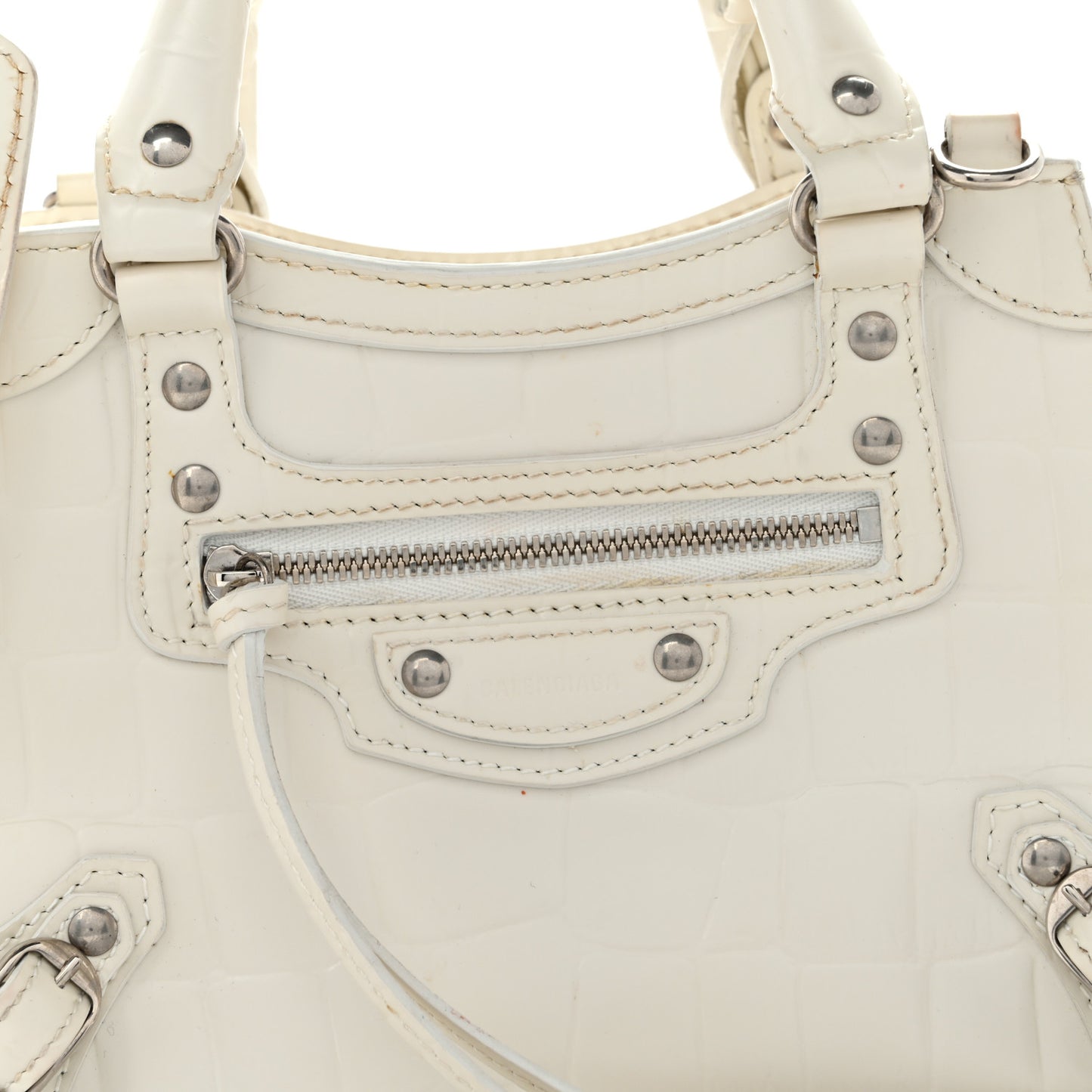 Semi Shiny Calfskin Crocodile Embossed Neo Classic Silver Hardware Nano City Crossbody White
