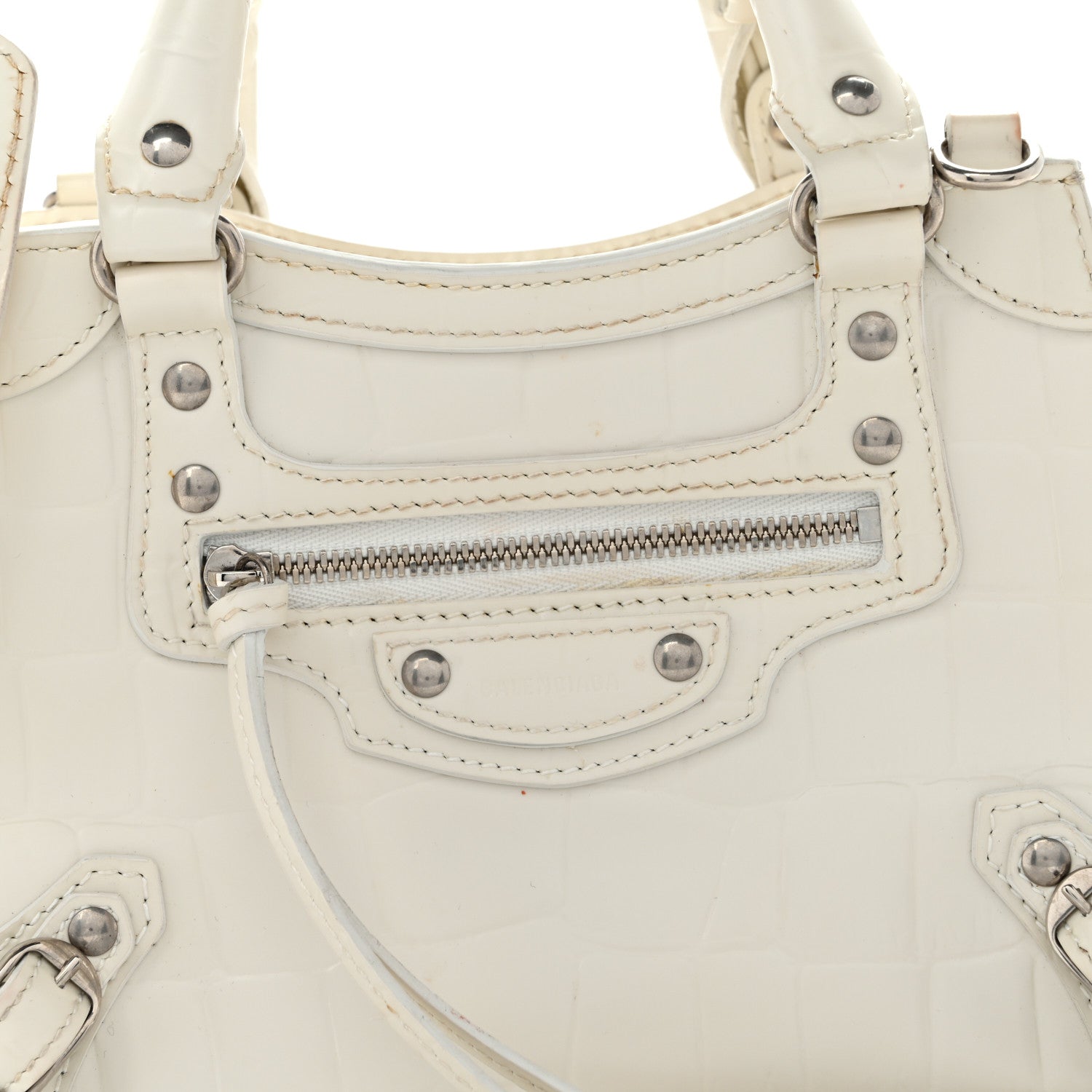 Balenciaga Semi Shiny Calfskin Crocodile Embossed Neo Classic Silver Hardware Nano City Crossbody White 7 of 15