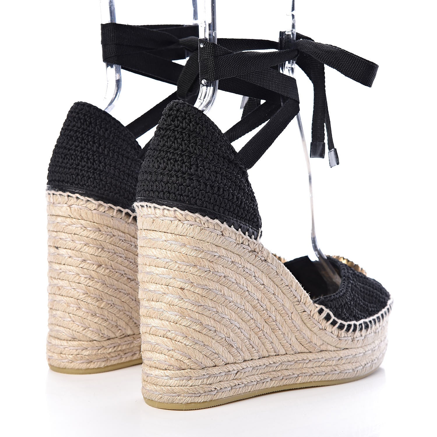 Gucci Cotton Crochet Pearly GG Ankle Wrap Platform Espadrille Wedges 39 Black 4 of 10