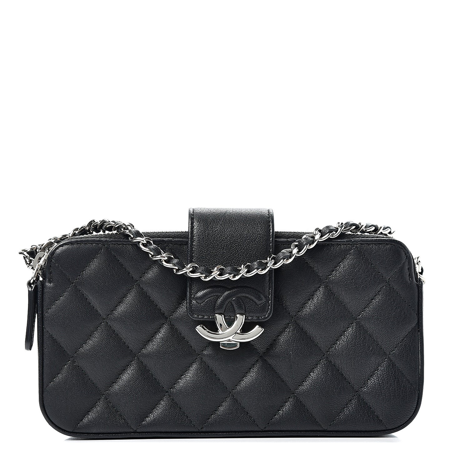 Goatskin Quilted CC Box Clutch With Chain Black