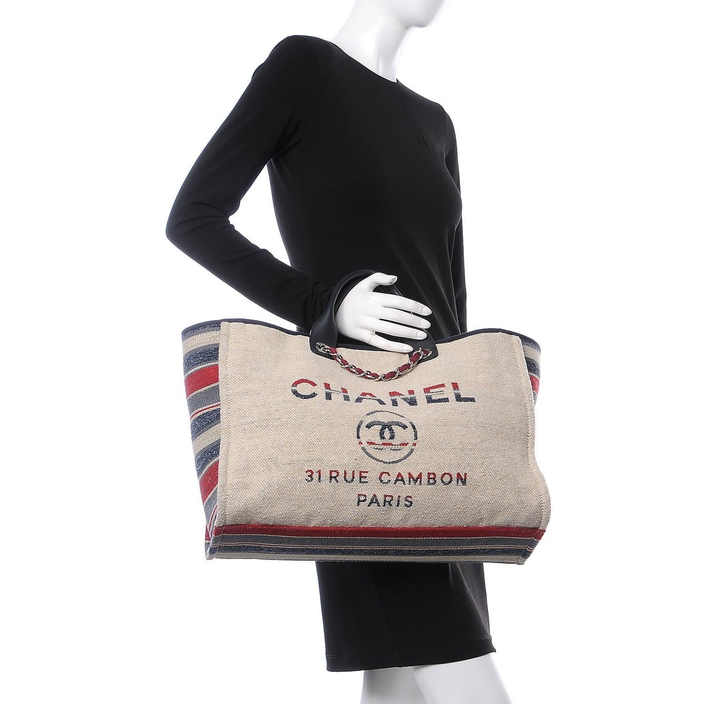 Striped Canvas Large Deauville Tote Beige