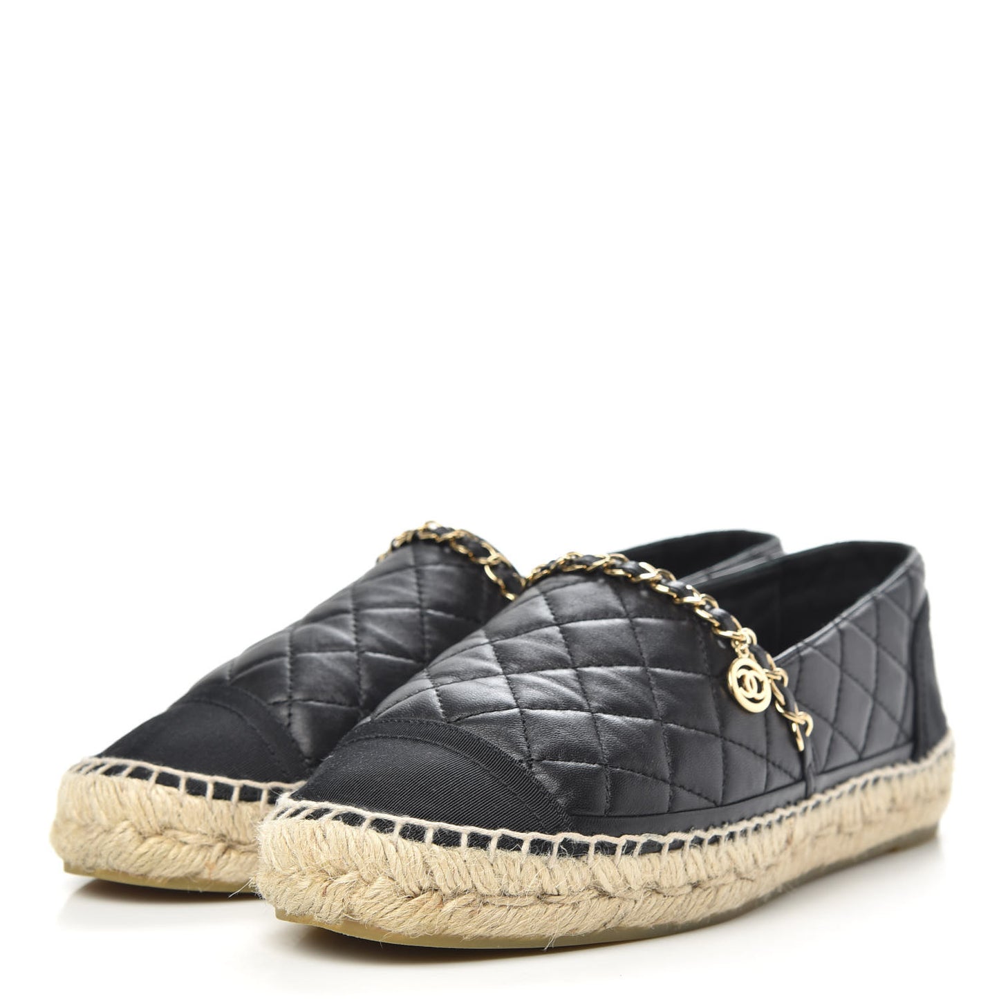 Lambskin Grosgrain Quilted CC Chain Espadrilles 38 Black