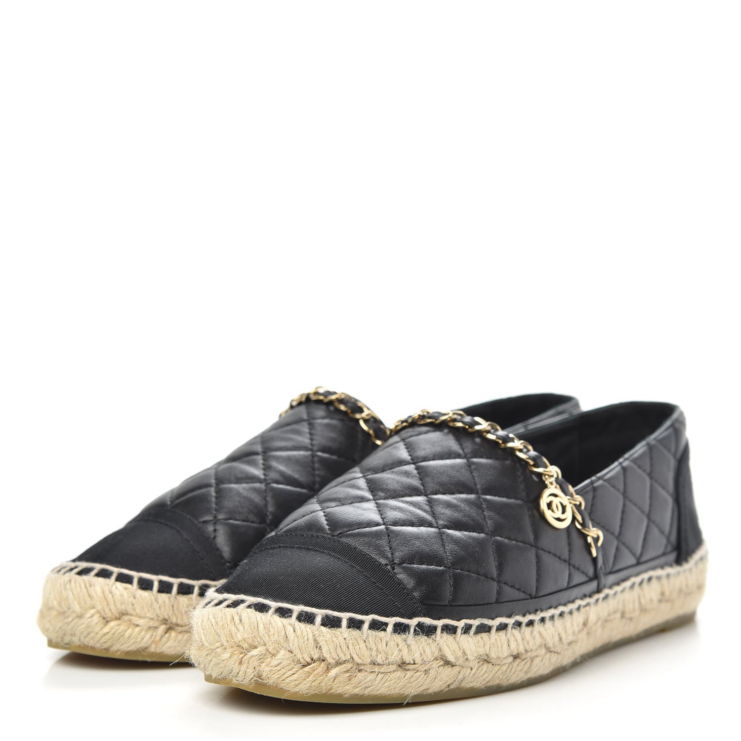 Chanel Lambskin Grosgrain Quilted CC Chain Espadrilles 38 Black 3 of 9