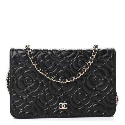 Chanel Caviar Camellia Embossed Wallet On Chain WOC Black 1 of 13