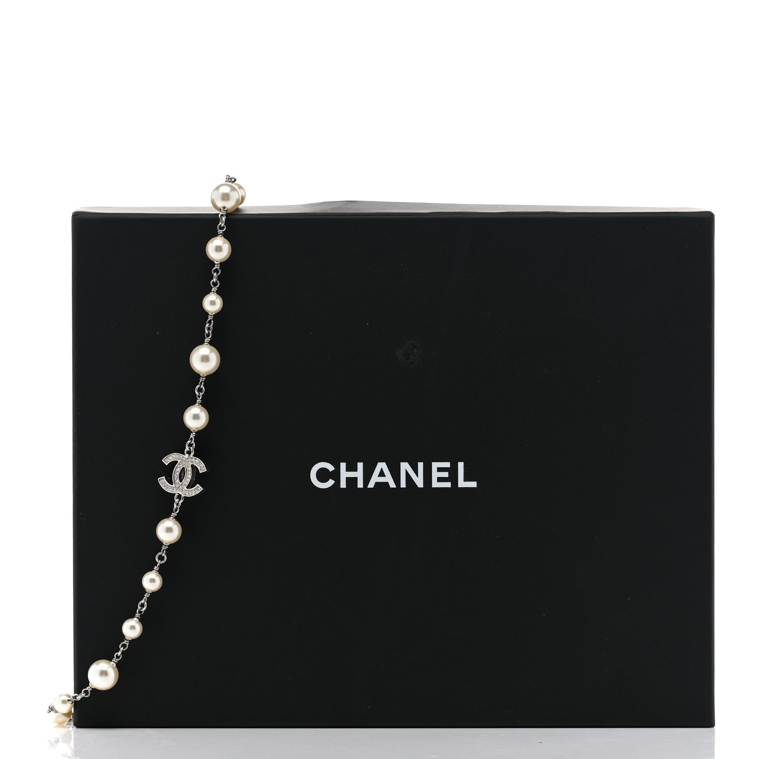 Chanel Graduated Pearl Crystal CC Long Necklace Silver 6 of 6